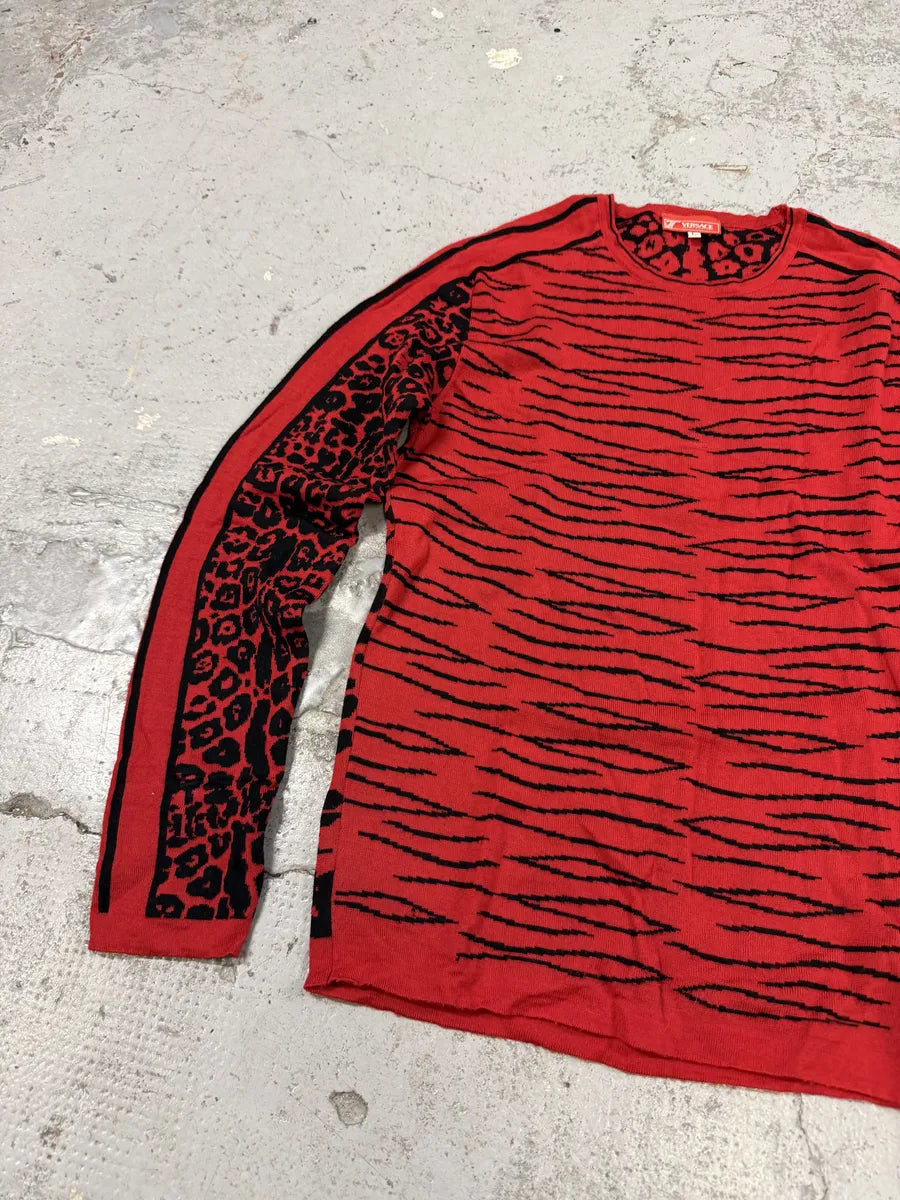2000s Versace Zebra Leopard Red Longsleeves Sweater KdNNQep 7
