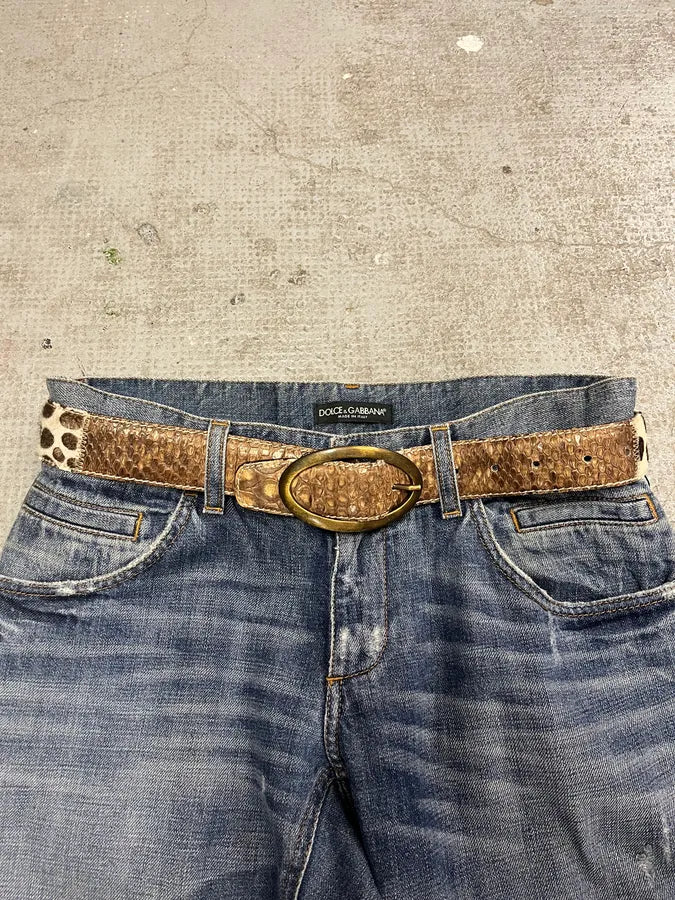 2000s Vintage Artisanal Python & Pony Hair Leather Belt (OS) 0