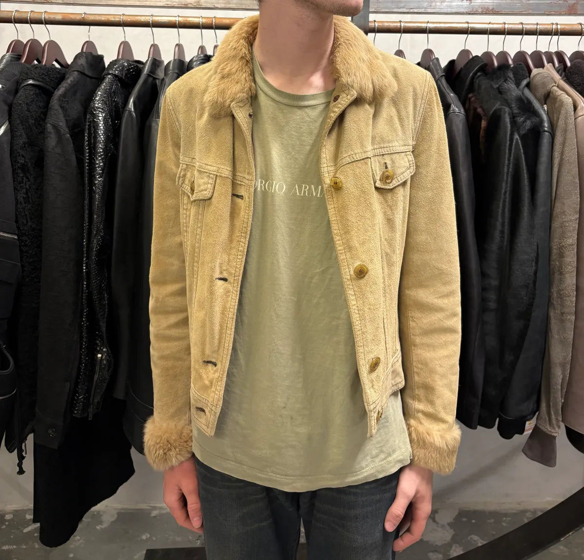 2000s Vintage Beige Leather Faux Fur Jacket (S) IdnRdaV 1