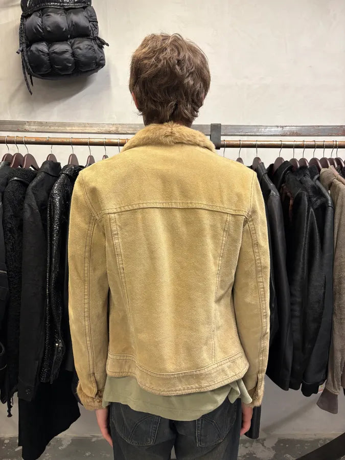 2000s Vintage Beige Leather Faux Fur Jacket (S) IdnRdaV 2