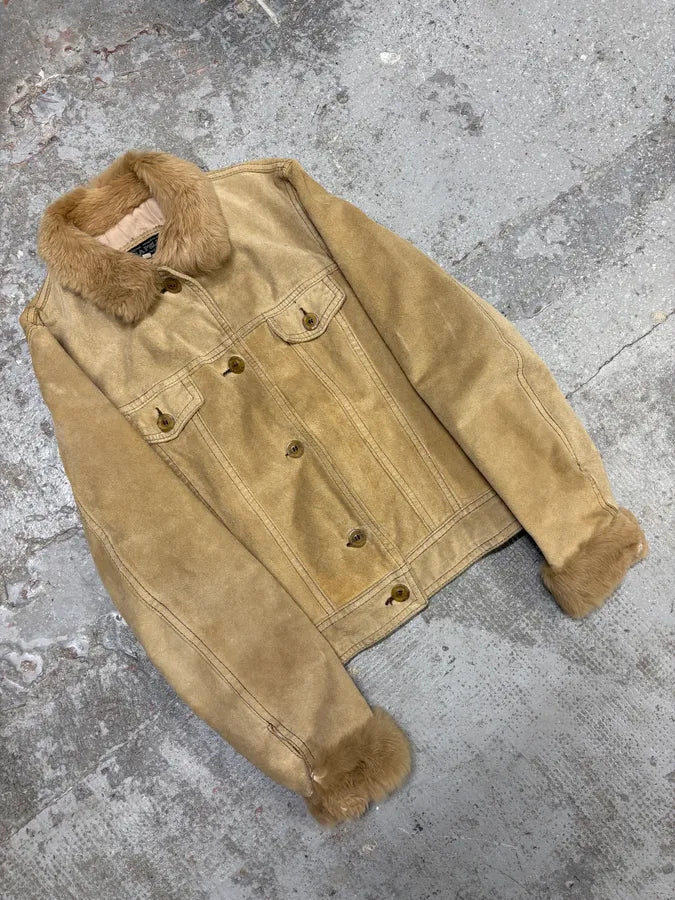 2000s Vintage Beige Leather Faux Fur Jacket (S) IdnRdaV 3