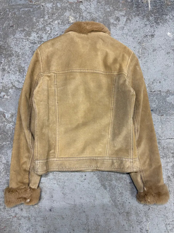 2000s Vintage Beige Leather Faux Fur Jacket (S) IdnRdaV 5