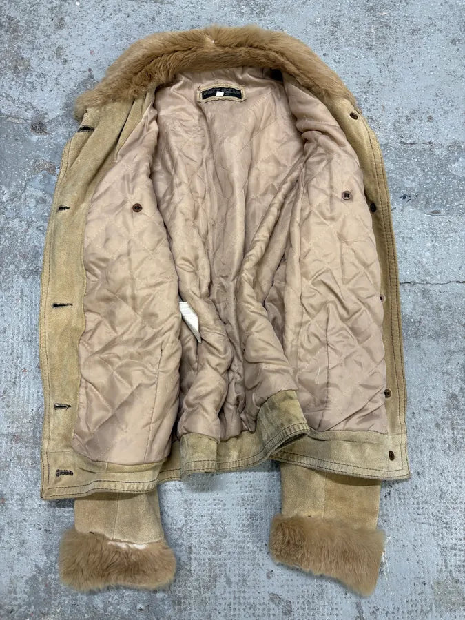 2000s Vintage Beige Leather Faux Fur Jacket (S) IdnRdaV 6