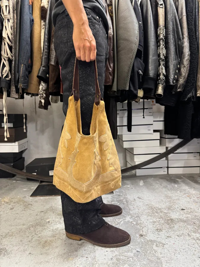 2000s Vintage Beige Suede Leather Handle Bag UxGSCsA 1