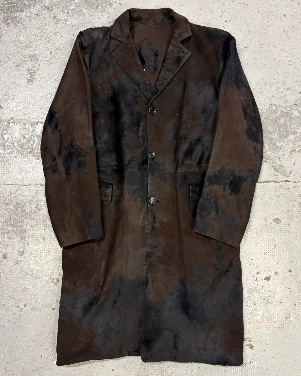 2000s Vintage Brown & Black Pony Hair Leather Destructured Long Coat XHGWElP 0