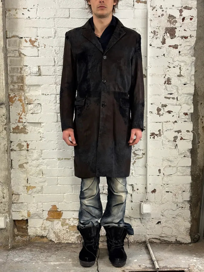 2000s Vintage Brown & Black Pony Hair Leather Destructured Long Coat XHGWElP 1