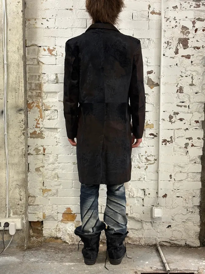 2000s Vintage Brown & Black Pony Hair Leather Destructured Long Coat XHGWElP 2