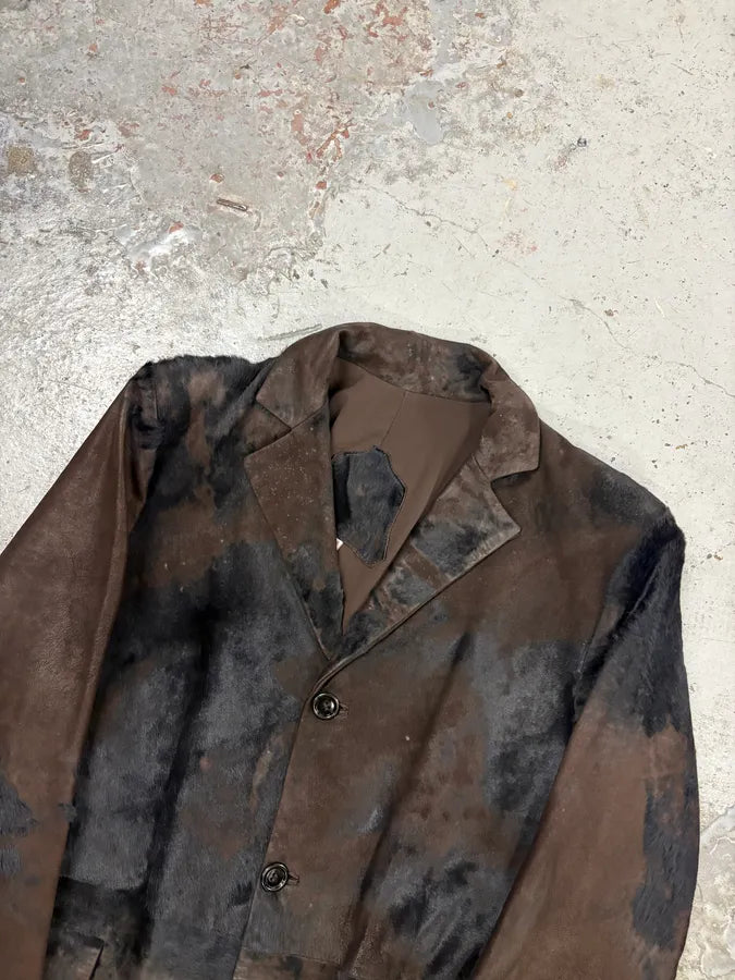 2000s Vintage Brown & Black Pony Hair Leather Destructured Long Coat XHGWElP 3