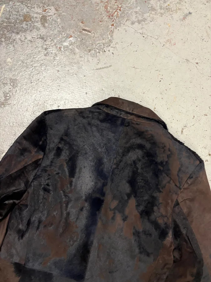 2000s Vintage Brown & Black Pony Hair Leather Destructured Long Coat XHGWElP 5