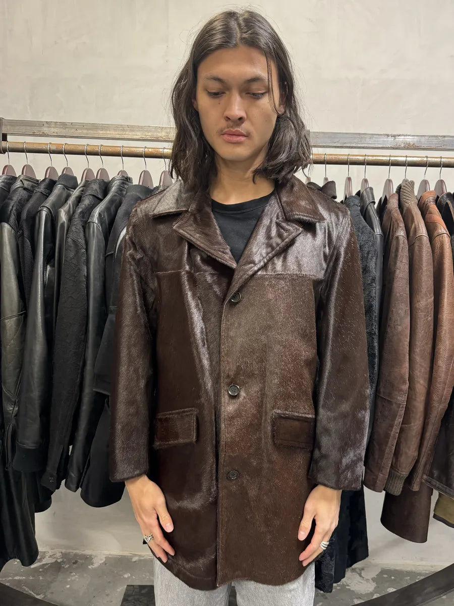 2000s Vintage Pony Hair Brown Long Jacket BtdFkIl 0