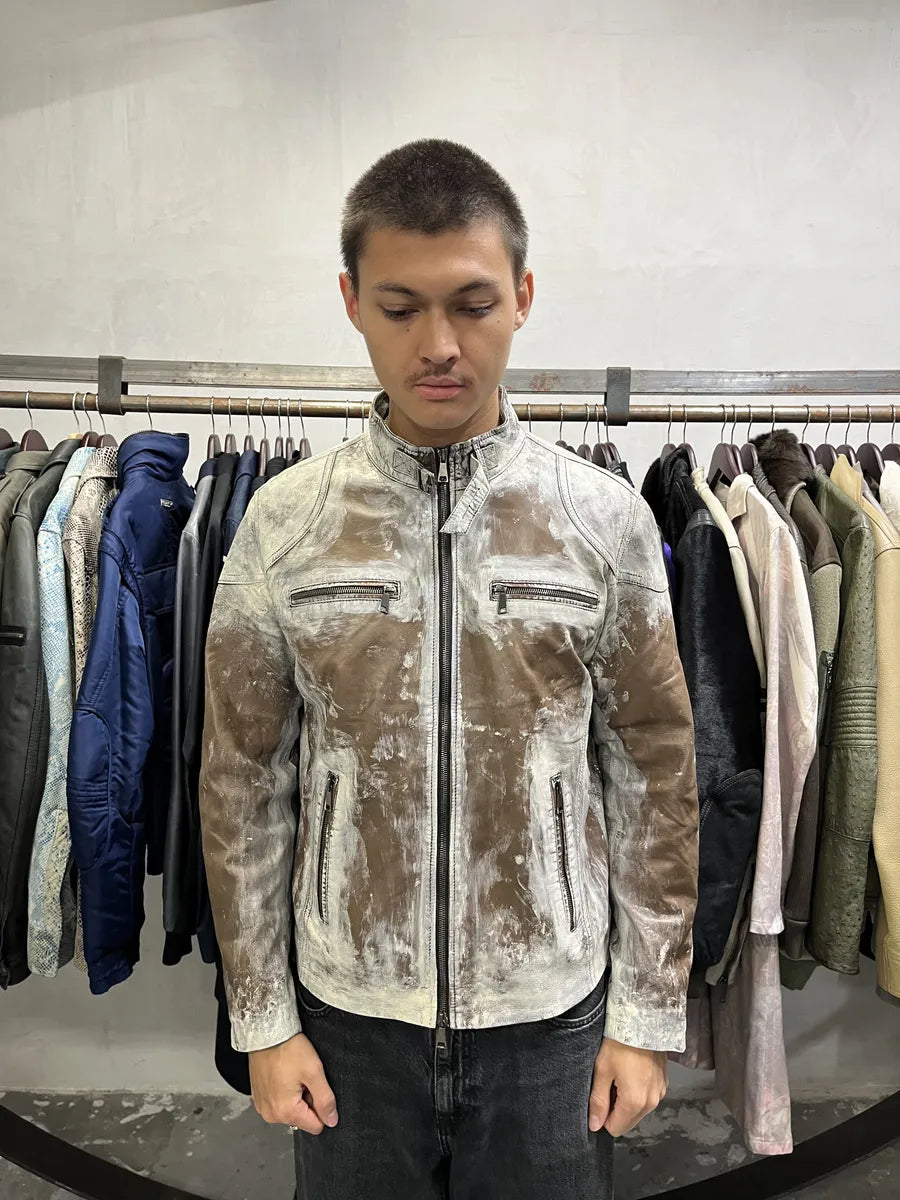 2000s Volfagli Brown & White Bleached Effect Biker Leather Jacket cEBxYhw 0