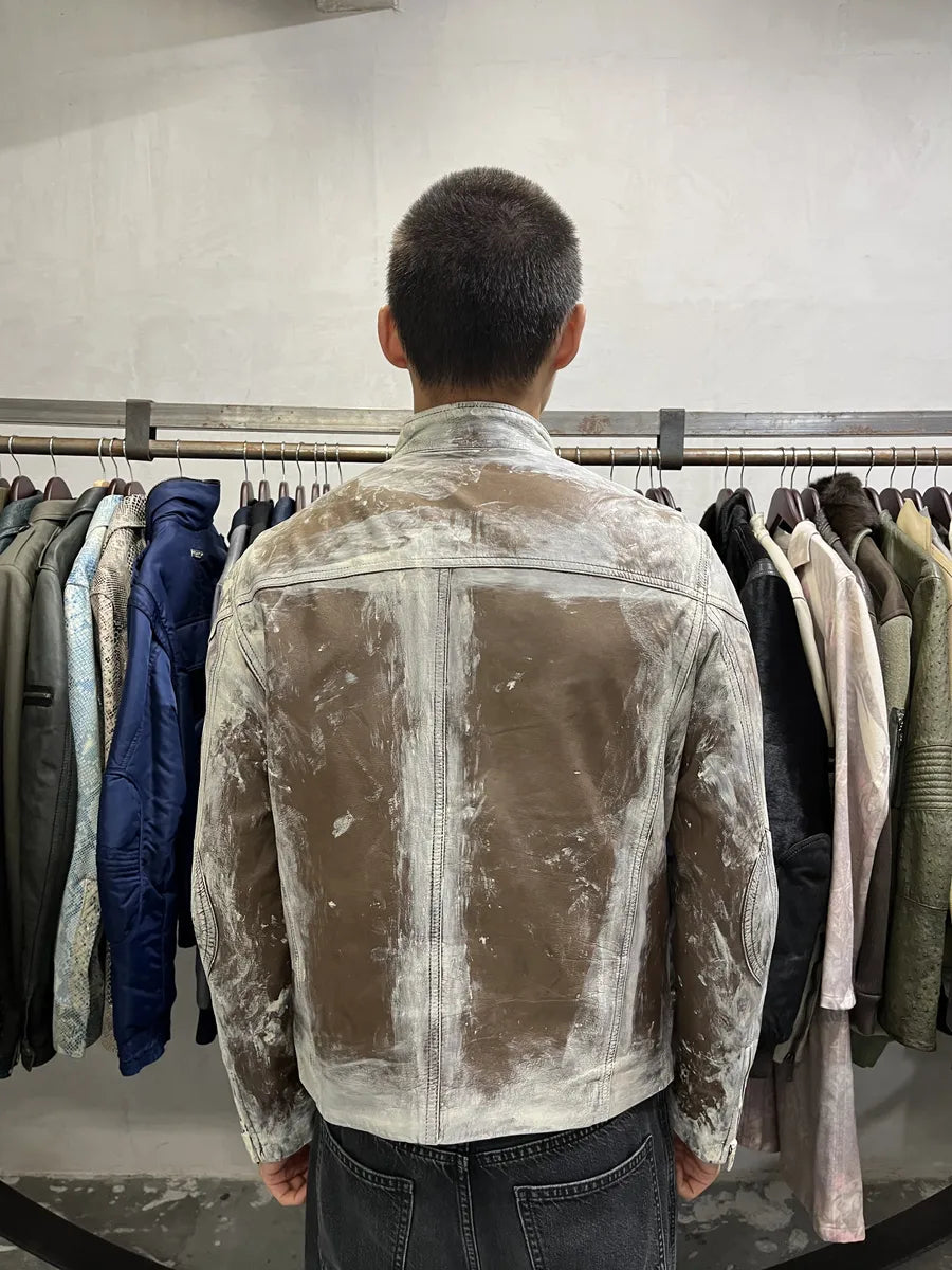 2000s Volfagli Brown & White Bleached Effect Biker Leather Jacket cEBxYhw 1