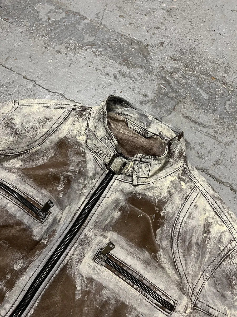 2000s Volfagli Brown & White Bleached Effect Biker Leather Jacket cEBxYhw 10
