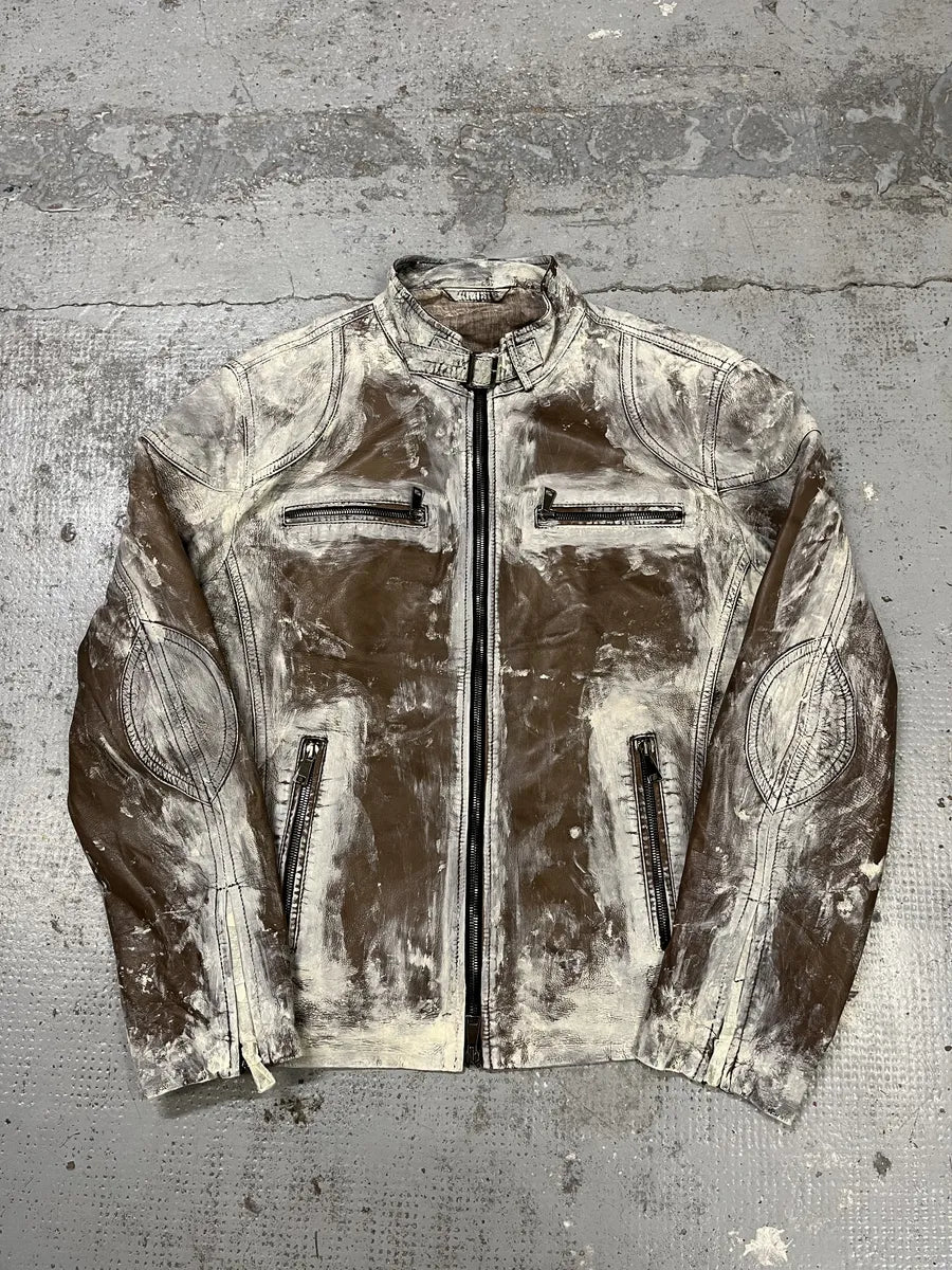 2000s Volfagli Brown & White Bleached Effect Biker Leather Jacket cEBxYhw 2