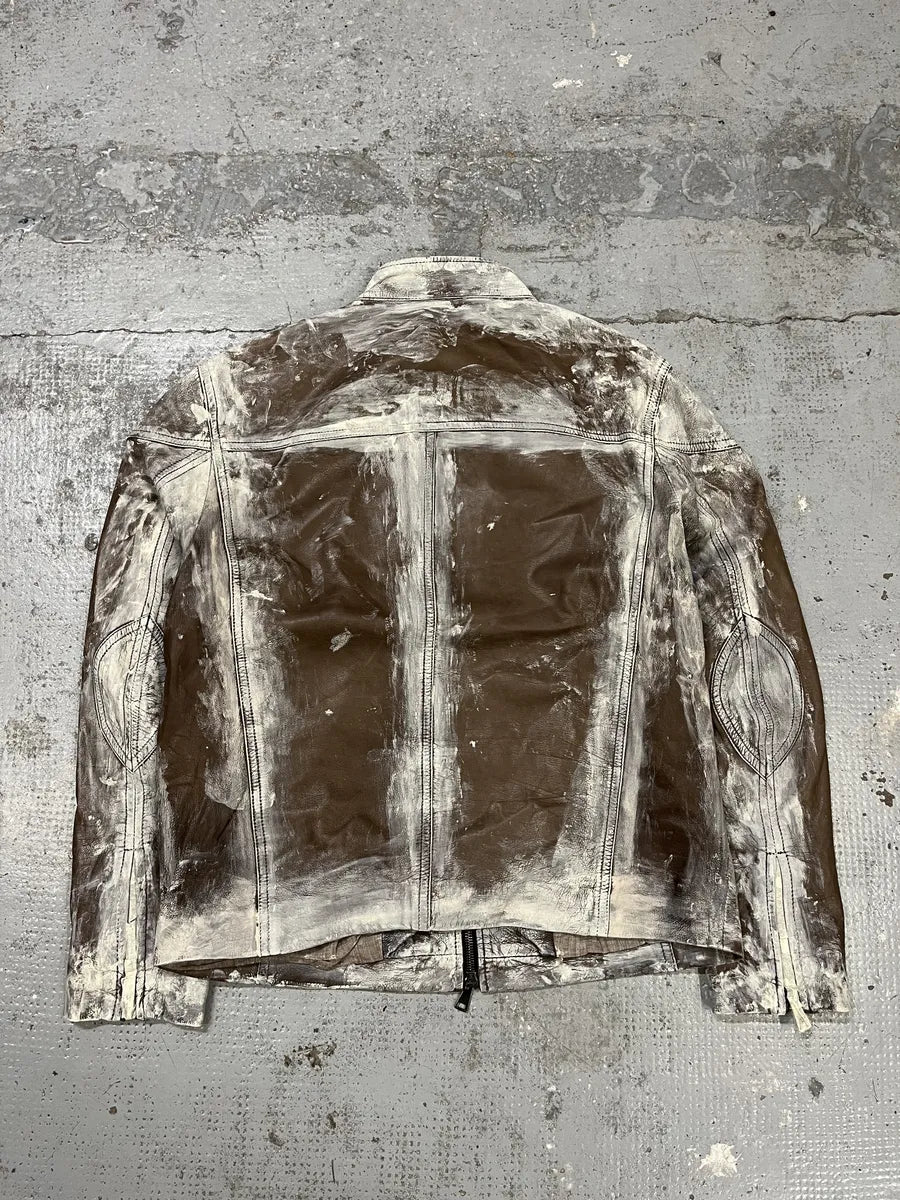 2000s Volfagli Brown & White Bleached Effect Biker Leather Jacket cEBxYhw 3