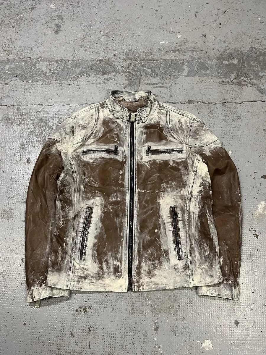 2000s Volfagli Brown & White Bleached Effect Biker Leather Jacket cEBxYhw 4