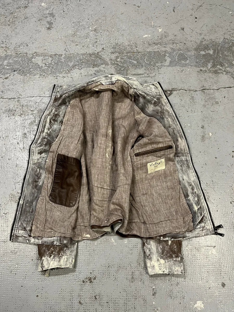 2000s Volfagli Brown & White Bleached Effect Biker Leather Jacket cEBxYhw 5
