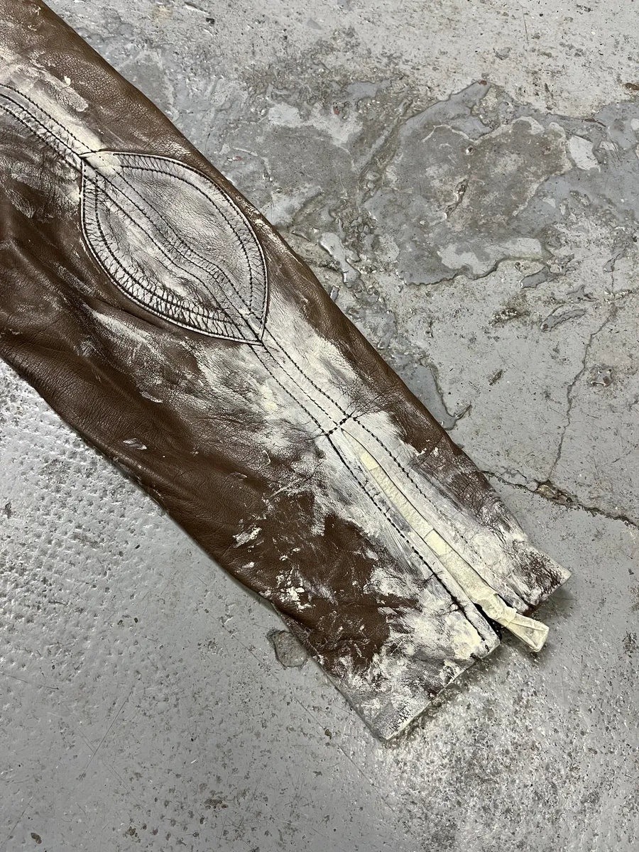 2000s Volfagli Brown & White Bleached Effect Biker Leather Jacket cEBxYhw 8