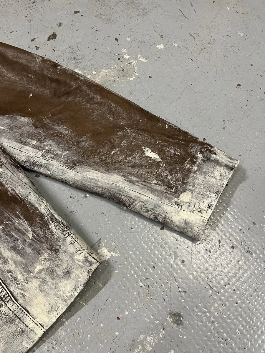 2000s Volfagli Brown & White Bleached Effect Biker Leather Jacket cEBxYhw 9