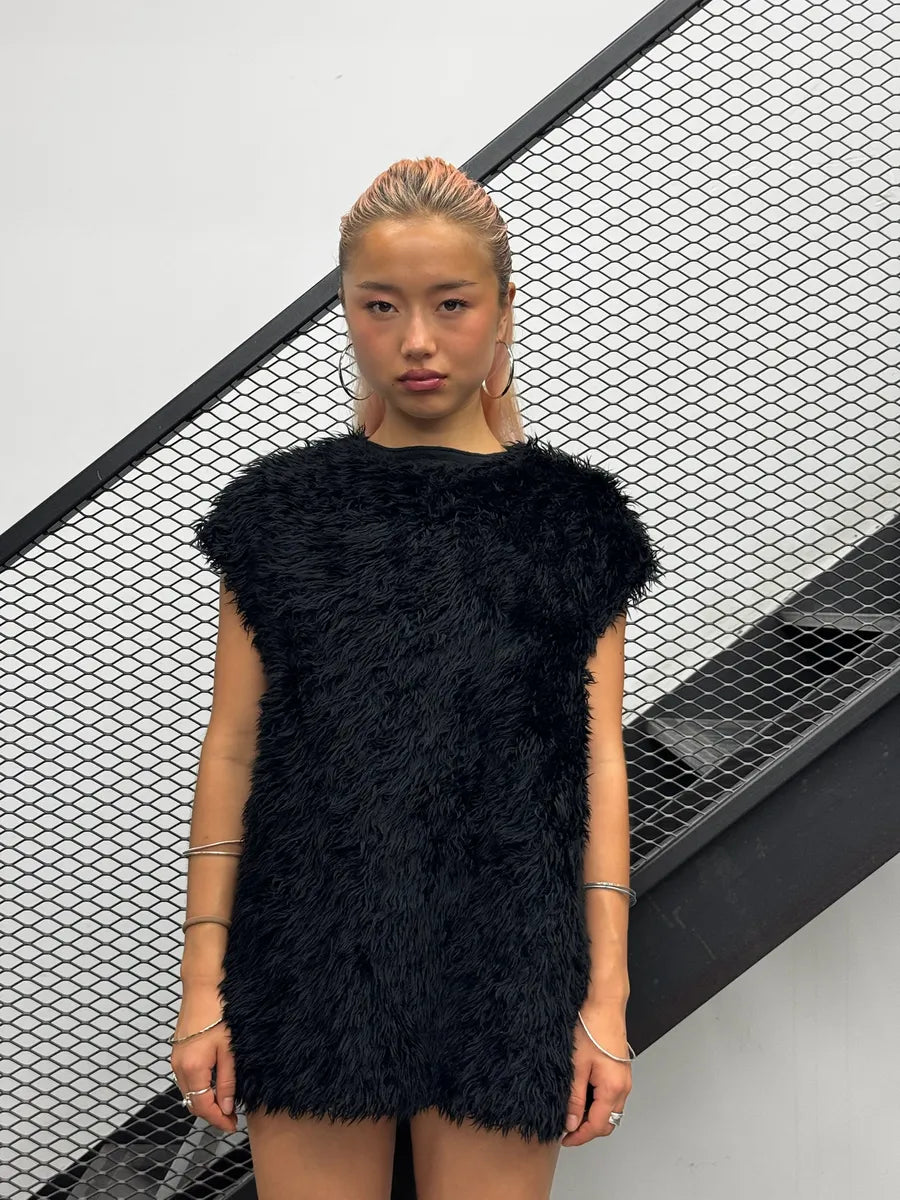 2000s Yohji Yamamoto Sample Black Hybrid Faux Fur Mohair Tank Top qGVFVXp 1
