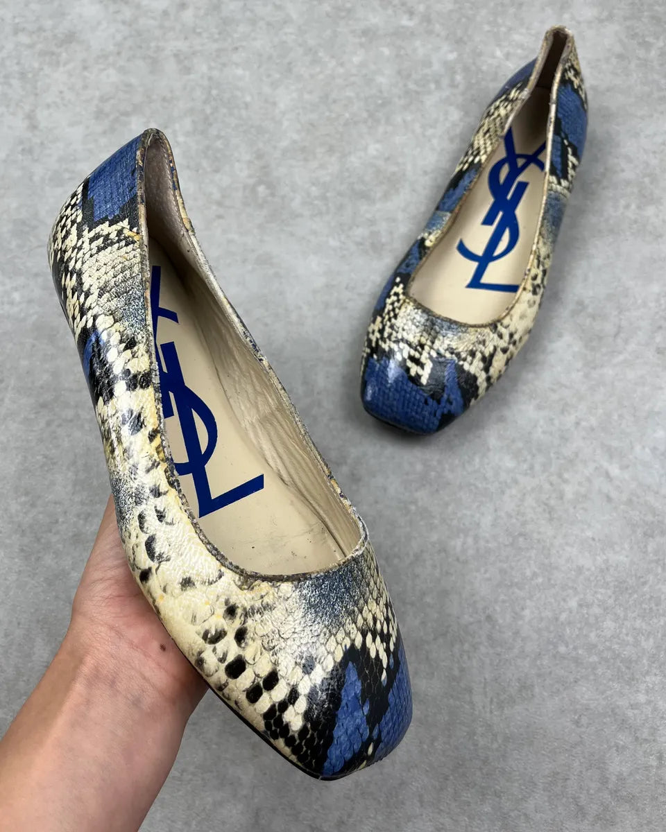 2000s Yves Saint Laurent Beige & Blue Python Print Ballet Flats  MHmUgqH 0