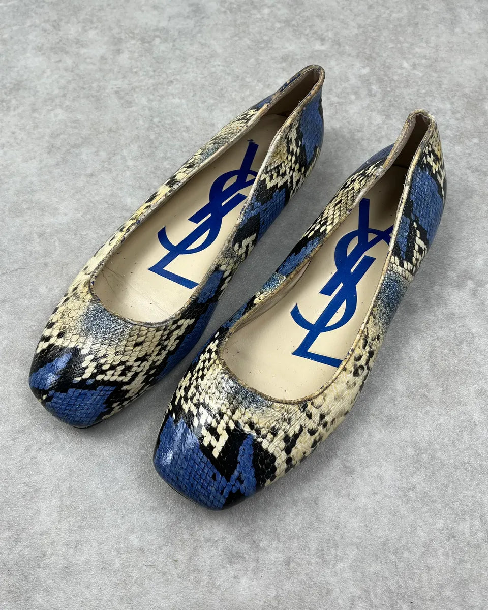 2000s Yves Saint Laurent Beige & Blue Python Print Ballet Flats  MHmUgqH 1