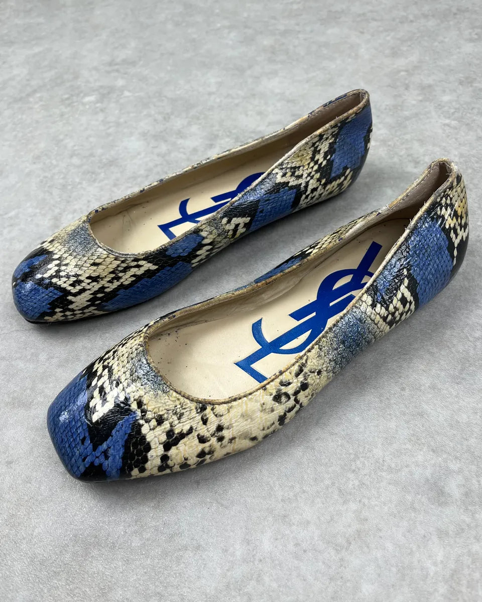 2000s Yves Saint Laurent Beige & Blue Python Print Ballet Flats  MHmUgqH 2