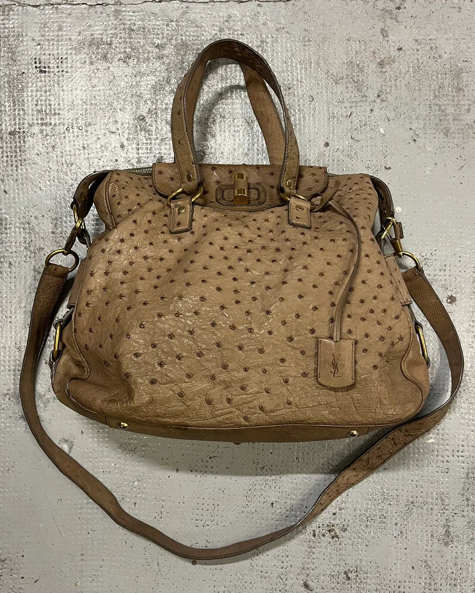 2000s Yves Saint Laurent Beige Ostrich Leather Handle Bag OVmvIAs 0