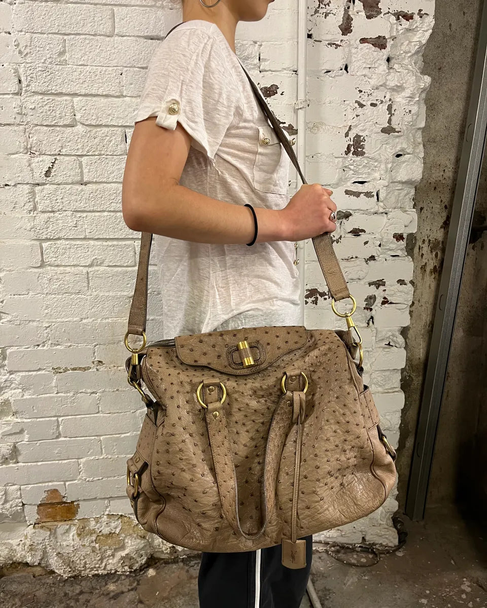 2000s Yves Saint Laurent Beige Ostrich Leather Handle Bag OVmvIAs 2