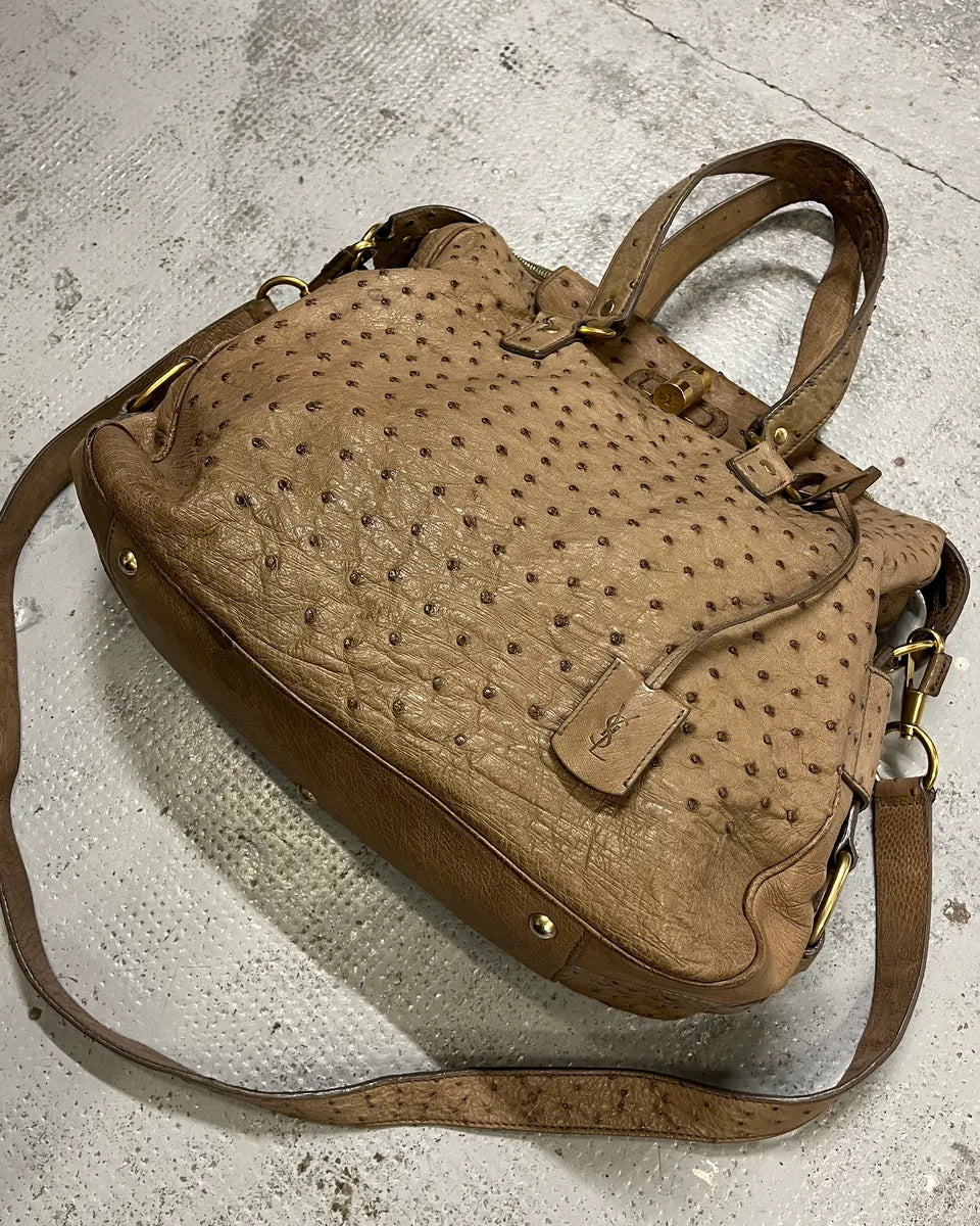 2000s Yves Saint Laurent Beige Ostrich Leather Handle Bag OVmvIAs 3