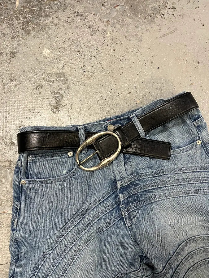 2000s Yves Saint Laurent Black Leather Belt with Silver Buckle (OS) OYDZPxk 0