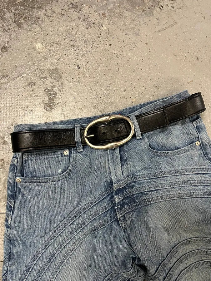 2000s Yves Saint Laurent Black Leather Belt with Silver Buckle (OS) OYDZPxk 2