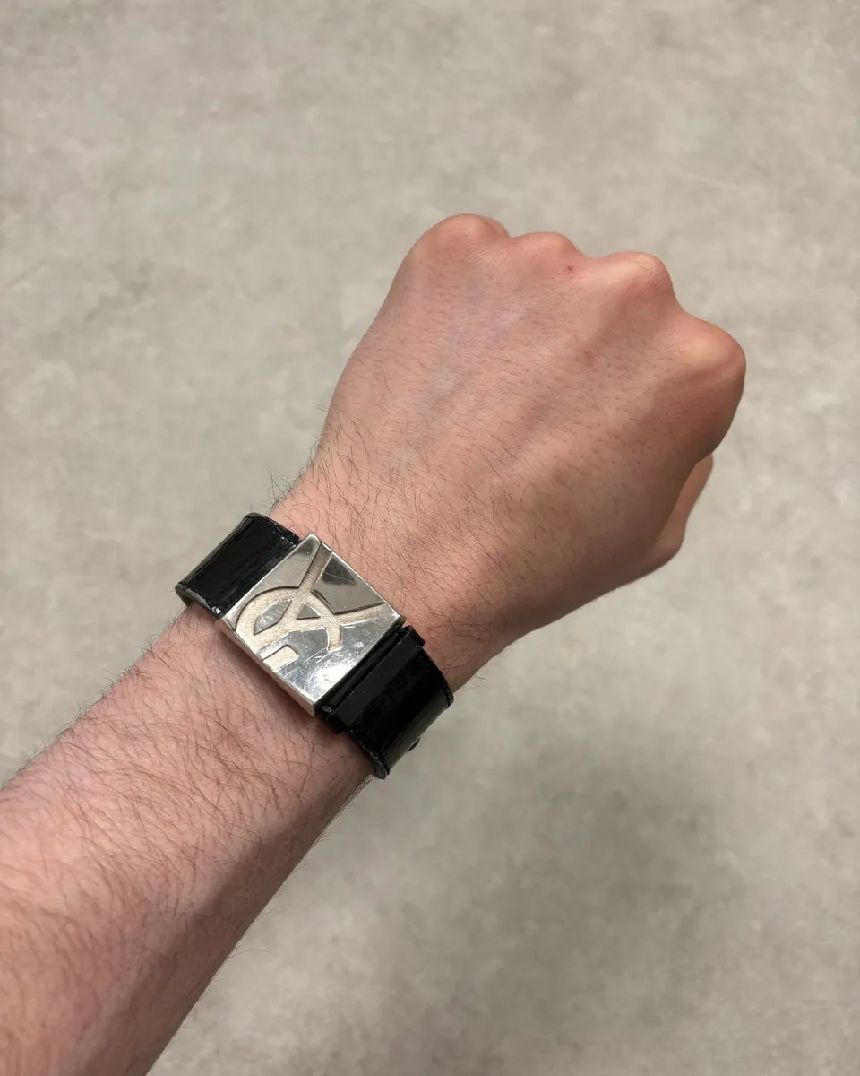2000s Yves Saint Laurent Black Leather Bracelet xTdruqz 0