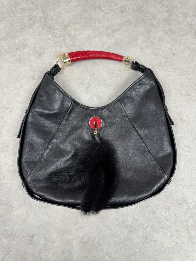 2000s Yves Saint Laurent Black Leather Mombasa Red Carved Handle Hobo Bag by Tom Ford akqzvpv 0
