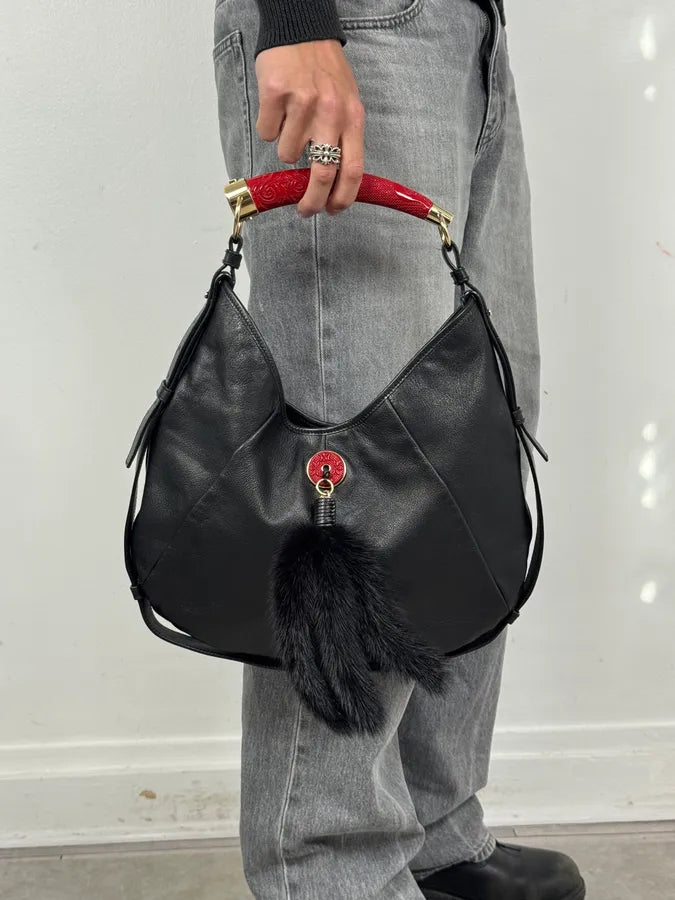 2000s Yves Saint Laurent Black Leather Mombasa Red Carved Handle Hobo Bag by Tom Ford akqzvpv 1