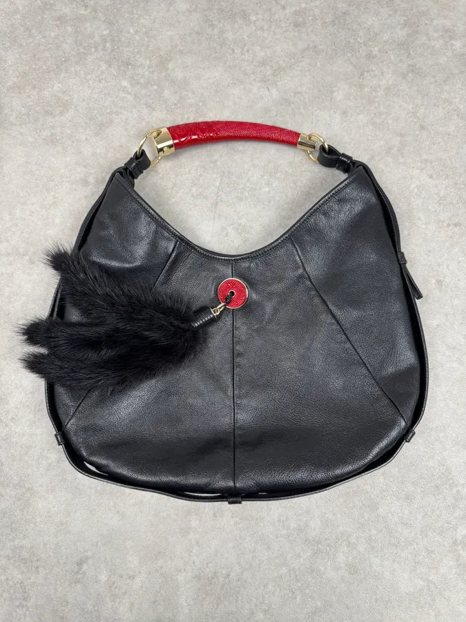 2000s Yves Saint Laurent Black Leather Mombasa Red Carved Handle Hobo Bag by Tom Ford akqzvpv 3