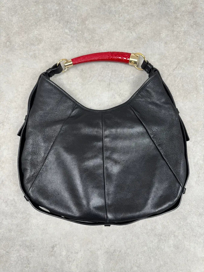2000s Yves Saint Laurent Black Leather Mombasa Red Carved Handle Hobo Bag by Tom Ford akqzvpv 5