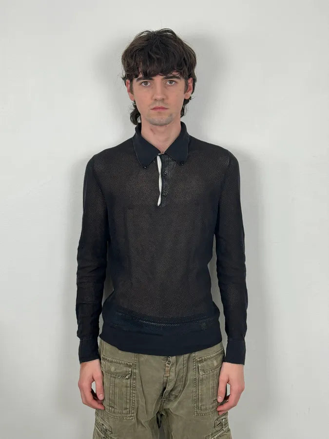 2000s Yves Saint Laurent Black Mesh Longsleeve Polo myrLTgf 0
