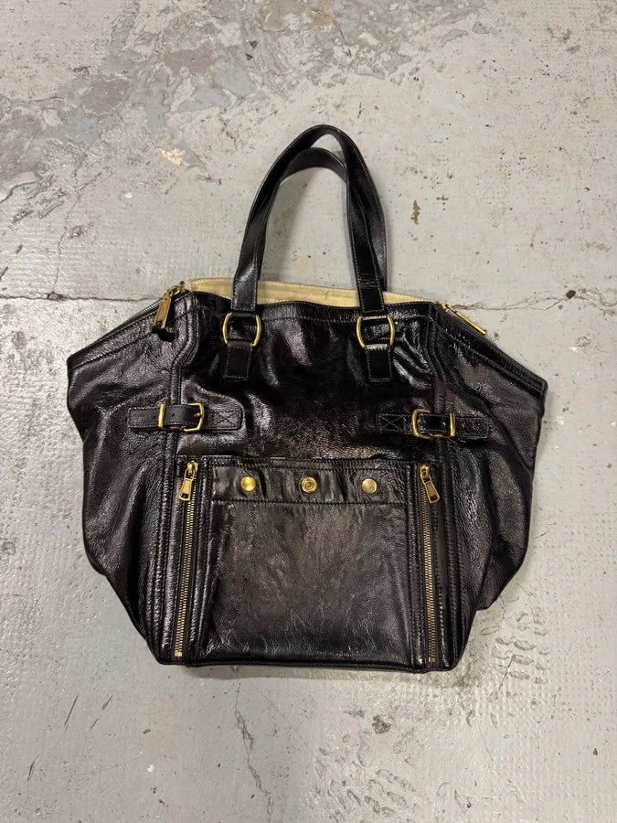 2000s Yves Saint Laurent Black Shiny Leather Handle Bag zmWrGWd 0