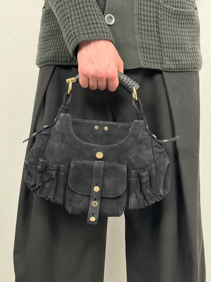AW2003 Yves Saint Laurent Black Suede Leather Mala Horn Bag DXzctqZ 2