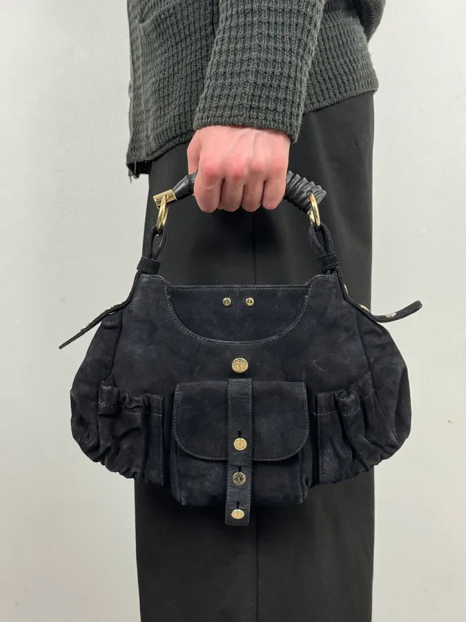AW2003 Yves Saint Laurent Black Suede Leather Mala Horn Bag DXzctqZ 1