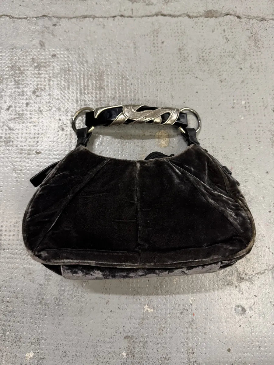2000s Yves Saint Laurent Black Velvet Horn Handle Hobo Bag LteBOul 0