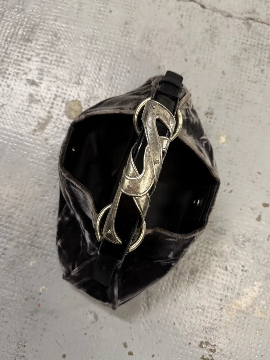 2000s Yves Saint Laurent Black Velvet Horn Handle Hobo Bag LteBOul 1