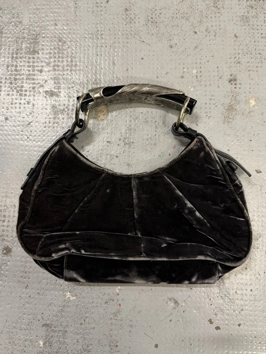 2000s Yves Saint Laurent Black Velvet Horn Handle Hobo Bag LteBOul 2
