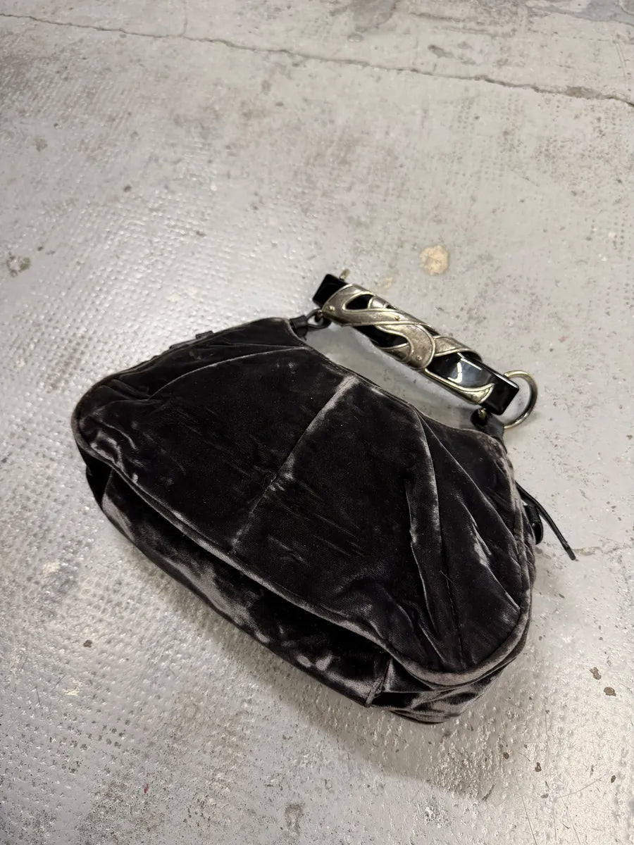 2000s Yves Saint Laurent Black Velvet Horn Handle Hobo Bag LteBOul 3