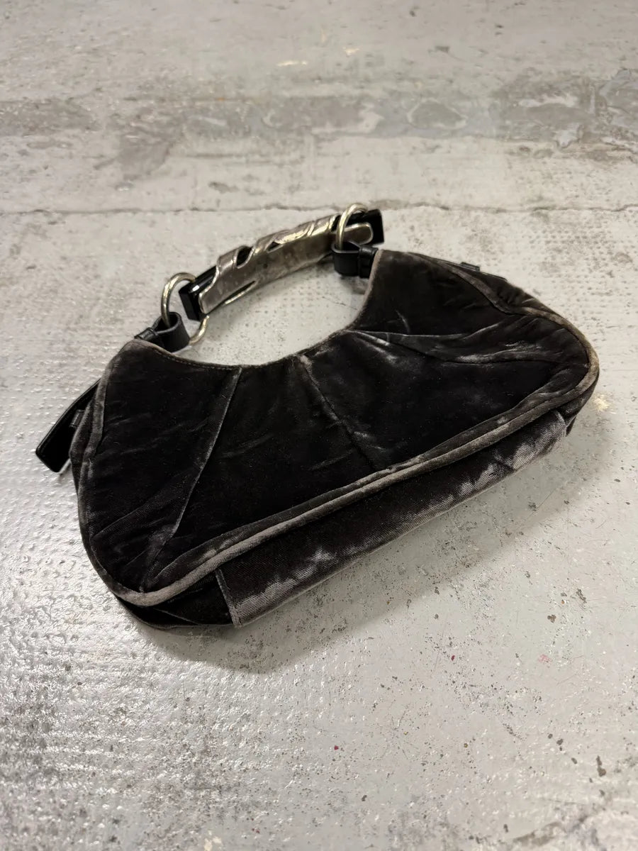 2000s Yves Saint Laurent Black Velvet Horn Handle Hobo Bag LteBOul 4