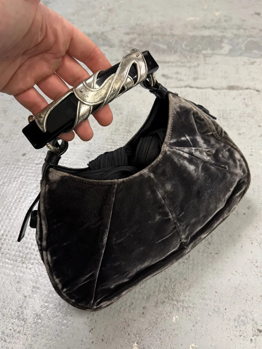 2000s Yves Saint Laurent Black Velvet Horn Handle Hobo Bag LteBOul 6