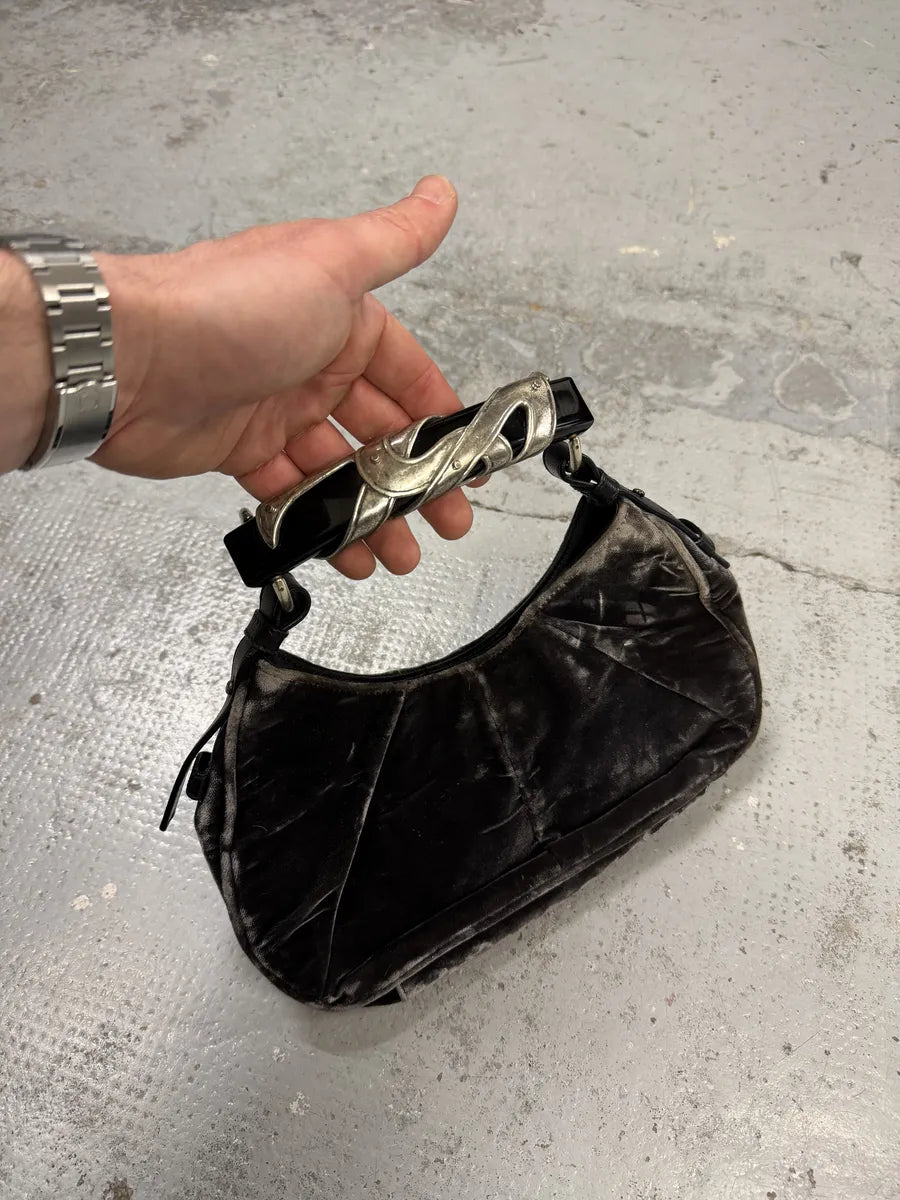 2000s Yves Saint Laurent Black Velvet Horn Handle Hobo Bag LteBOul 8