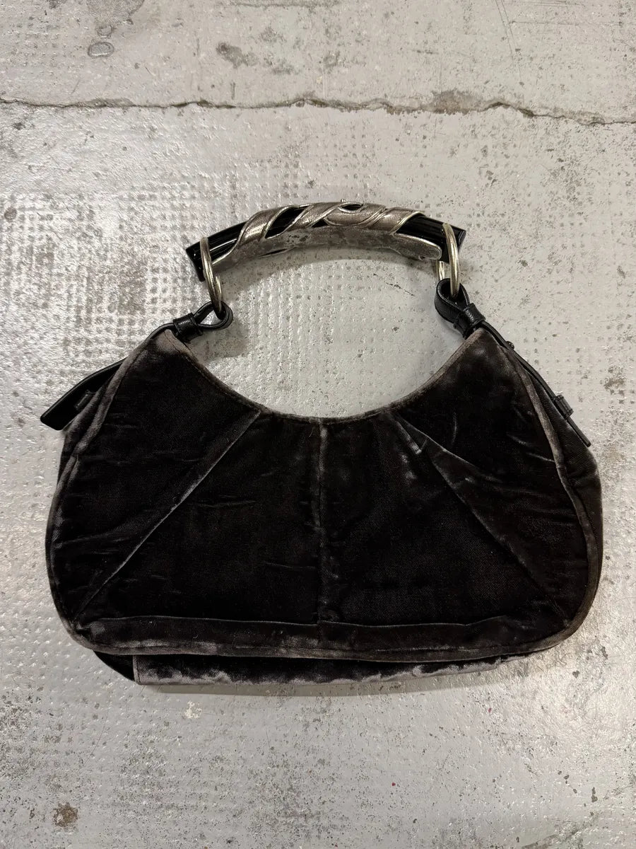 2000s Yves Saint Laurent Black Velvet Horn Handle Hobo Bag LteBOul 9