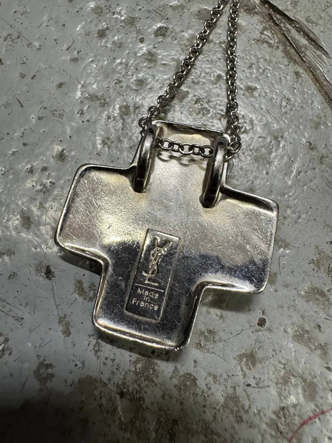 2000s Yves Saint Laurent Blue Crystal Silver Cross Necklace CxbeNwT 3